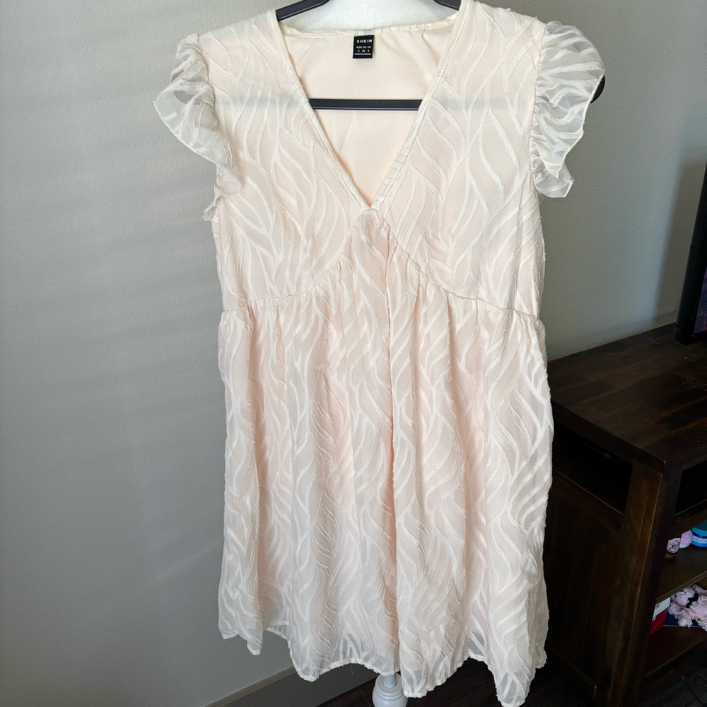 SHEIN Cream Babydoll Dress Ruffle Sleeve Textured Mini